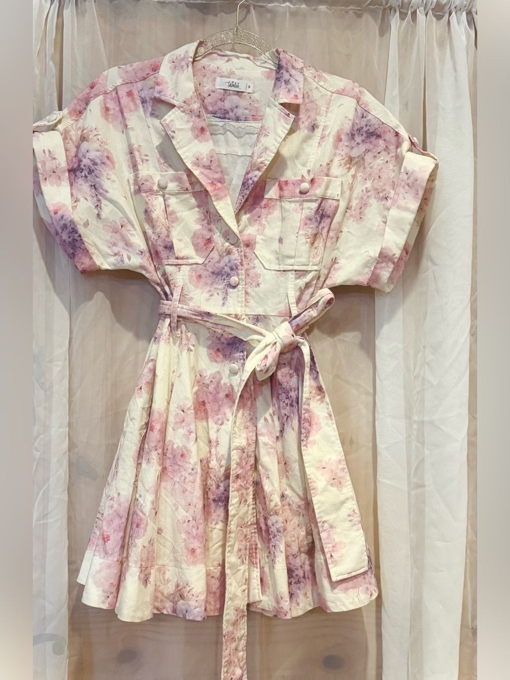 TALULAH Cream Floral Tie-Waist Shirt Dress with Pink & Purple Print